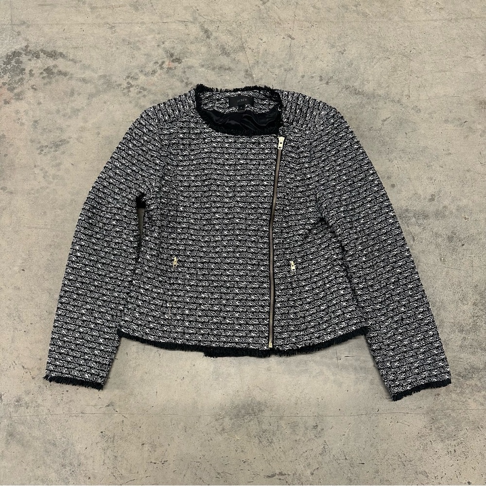 J Crew Tweed Zip Up Moto Jacket Black‎ Fringed Size 8